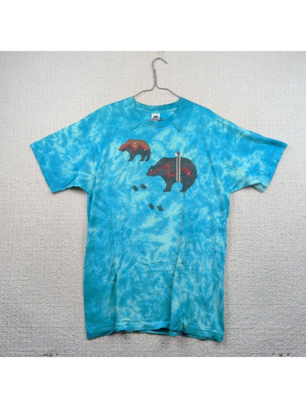 VTG Native American Bear Graphic T-Shirt XL Single Stitch Blue Tie Dye USA Made